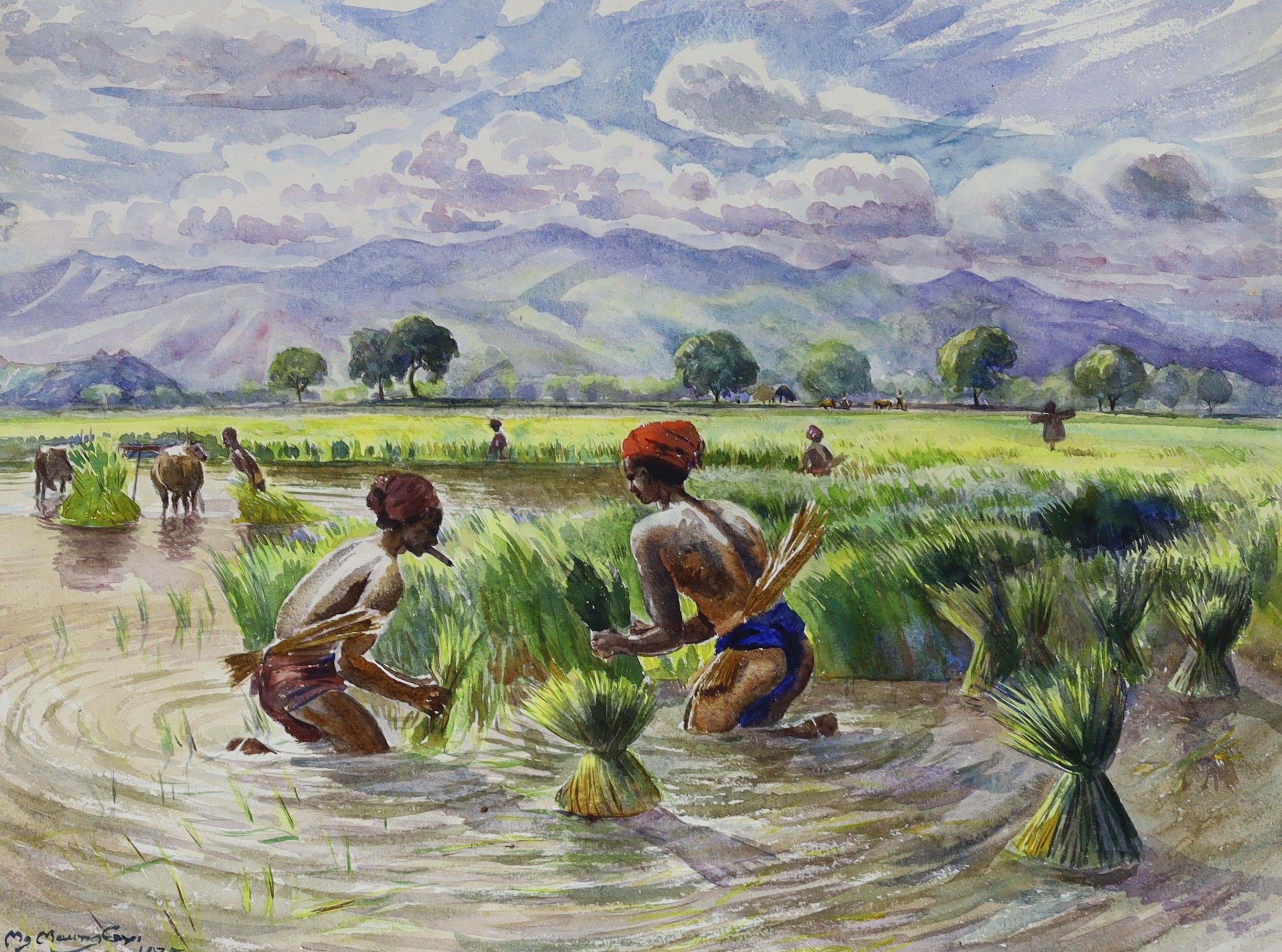 Mg Maung Gy (Burmese 1890-1942), three watercolours, Rice planters and River landscapes, signed and dated 1925, 34 x 45cm and 45 x 34cm, unframed